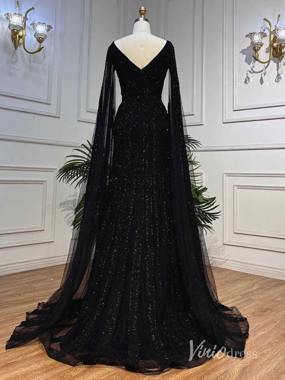 Black Beaded Evening Dresses Extra Long Sleeve Mother of the Bride Dre   Viniodress
