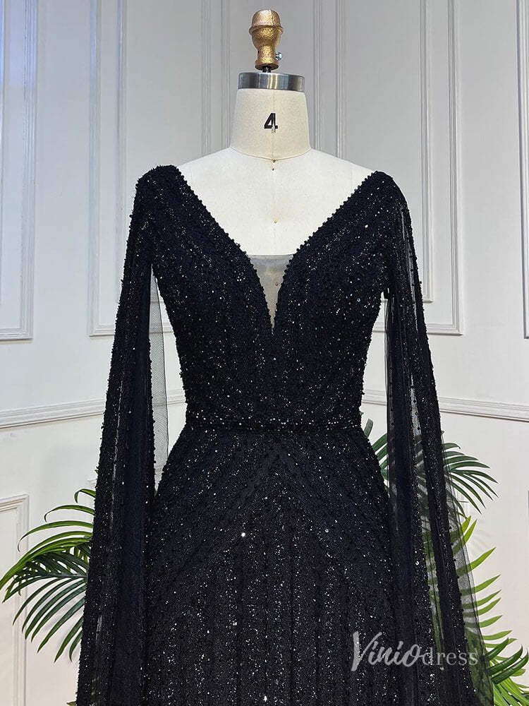 Black Beaded Evening Dresses Extra Long Sleeve Mother of the Bride Dresses AD1123-Evening Dresses 2025 -Viniodress-Black-US 2-