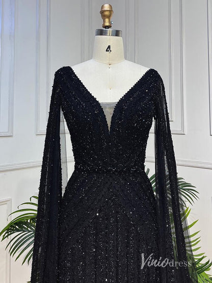 Black Beaded Evening Dresses Extra Long Sleeve Mother of the Bride Dresses AD1123-Evening Dresses 2025 -Viniodress-Black-US 2-