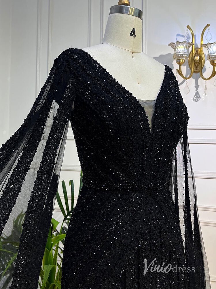 Black Beaded Evening Dresses Extra Long Sleeve Mother of the Bride Dre –  Viniodress
