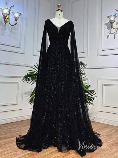 black evening dresses Black Beaded Evening Dresses Extra Long Sleeve Mother of the Bride Dre –  Viniodress