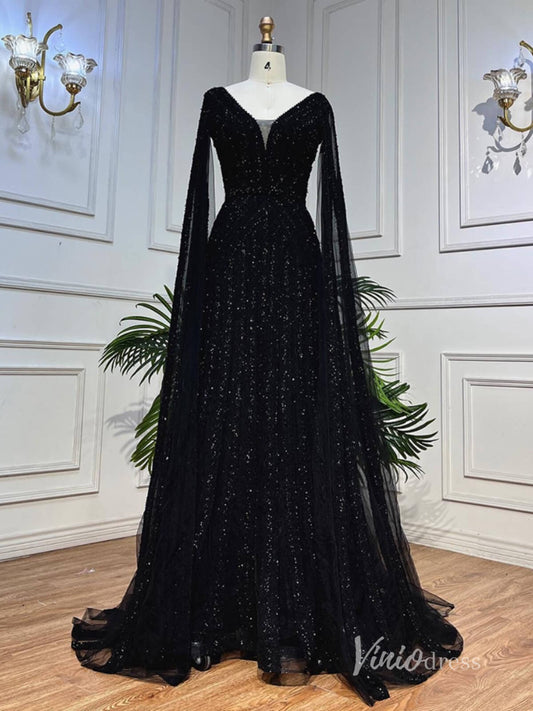 Black Beaded Evening Dresses Extra Long Sleeve Mother of the Bride Dresses AD1123 - ViniodressEvening DressesBlackUS 2 - Formal Dresses - Ball Gowns