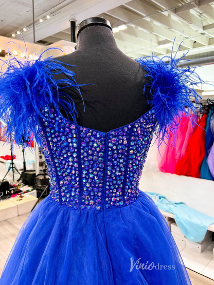 Black Beaded Prom Dresses Feather Strap Tulle Formal Gown FD4017-prom dresses 2025 -Viniodress-Black-Custom Size-