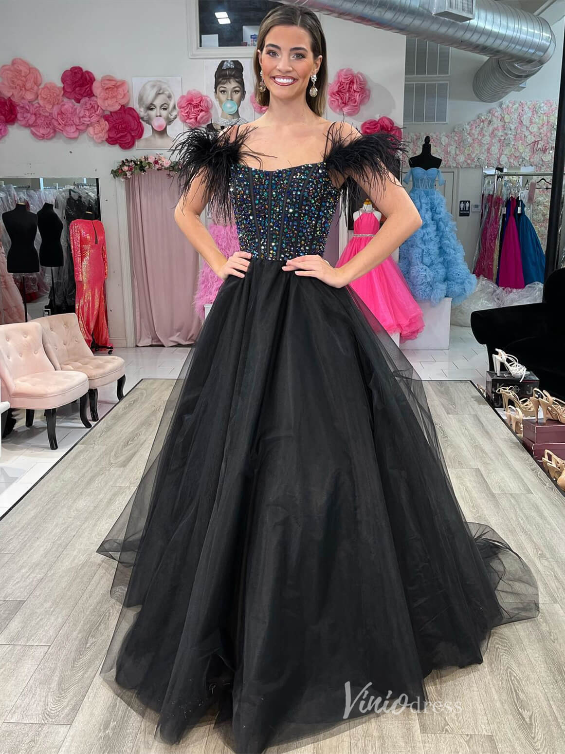 Black Beaded Prom Dresses Feather Strap Tulle Formal Gown FD4017-prom dresses 2025 -Viniodress-Black-Custom Size-