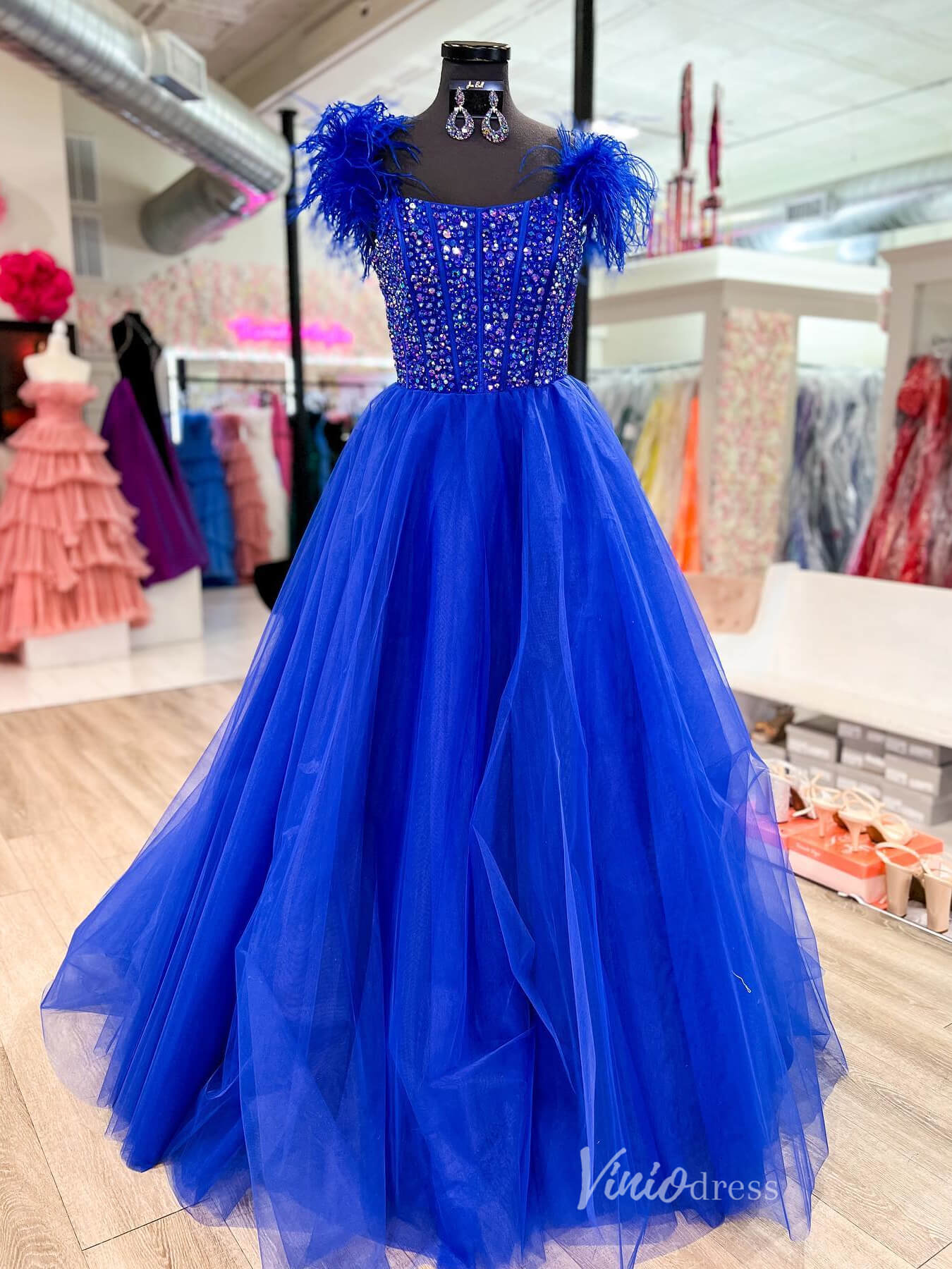 Black Beaded Prom Dresses Feather Strap Tulle Formal Gown FD4017-prom dresses 2025 -Viniodress-Blue-Custom Size-