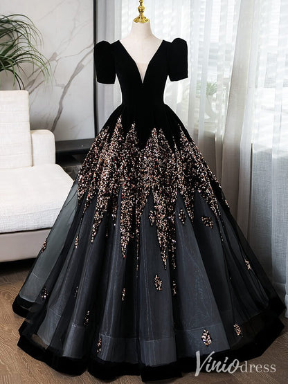 Black Beaded Puffed Sleeve Prom Dresses V-Neck Ball Gown AD1356-prom dresses 2025 -Viniodress-Black-Custom Size-