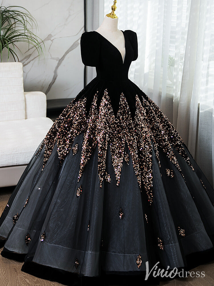 Black Beaded Puffed Sleeve Prom Dresses V-Neck Ball Gown AD1356-prom dresses-Viniodress-Viniodress