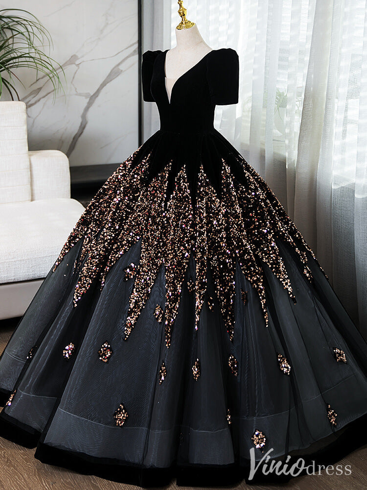 Black Beaded Puffed Sleeve Prom Dresses V-Neck Ball Gown AD1356-prom dresses-Viniodress-Viniodress