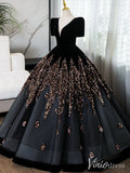 Black Beaded Puffed Sleeve Prom Dresses V-Neck Ball Gown AD1356-prom dresses-Viniodress-Viniodress