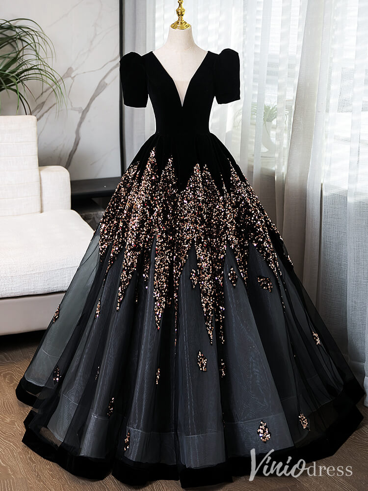 Black Beaded Puffed Sleeve Prom Dresses V-Neck Ball Gown AD1356-prom dresses-Viniodress-Viniodress