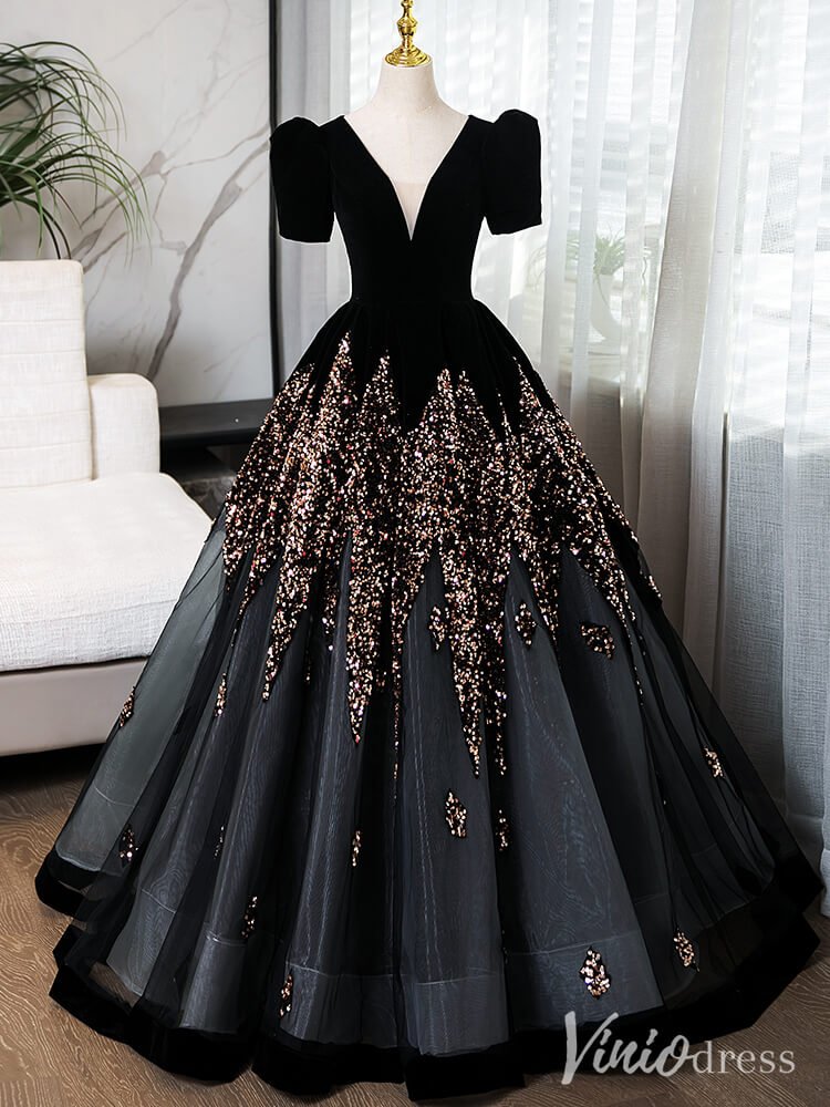 Black Beaded Puffed Sleeve Prom Dresses V - Neck Ball Gown AD1356 - Viniodressprom dressesBlackCustom Size - Formal Dresses - Ball Gowns