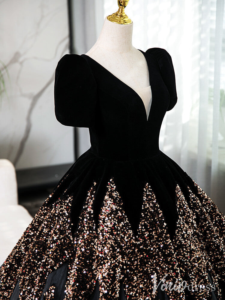 Black Beaded Puffed Sleeve Prom Dresses V-Neck Ball Gown AD1356-prom dresses-Viniodress-Viniodress