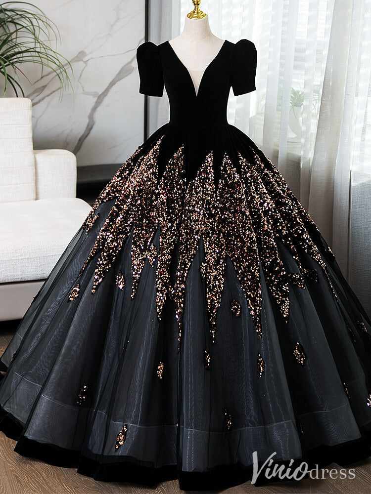 Black Beaded Puffed Sleeve Prom Dresses V-Neck Ball Gown AD1356-prom dresses-Viniodress-Black-Custom Size-Viniodress