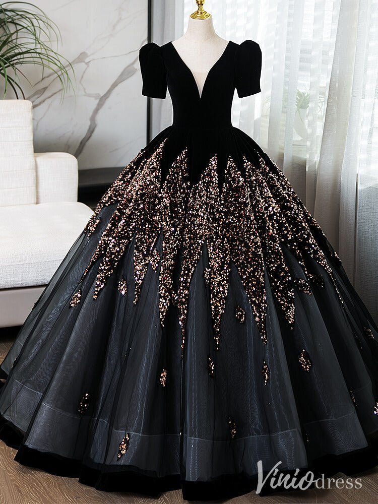 Black Beaded Puffed Sleeve Prom Dresses V - Neck Ball Gown AD1356 - Viniodressprom dressesBlackCustom Size - Formal Dresses - Ball Gowns