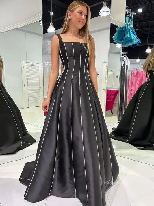 Black Beaded Satin Prom Dresses with Square Neck - FD5288-prom dresses 2025 -Viniodress-Black-Custom Size-