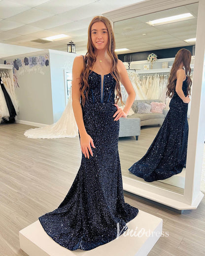 Black Beaded Sequin Prom Dresses Mermaid Spaghetti Strap Evening Dress FD3303-prom dresses 2025 -Viniodress-Black-Custom Size-