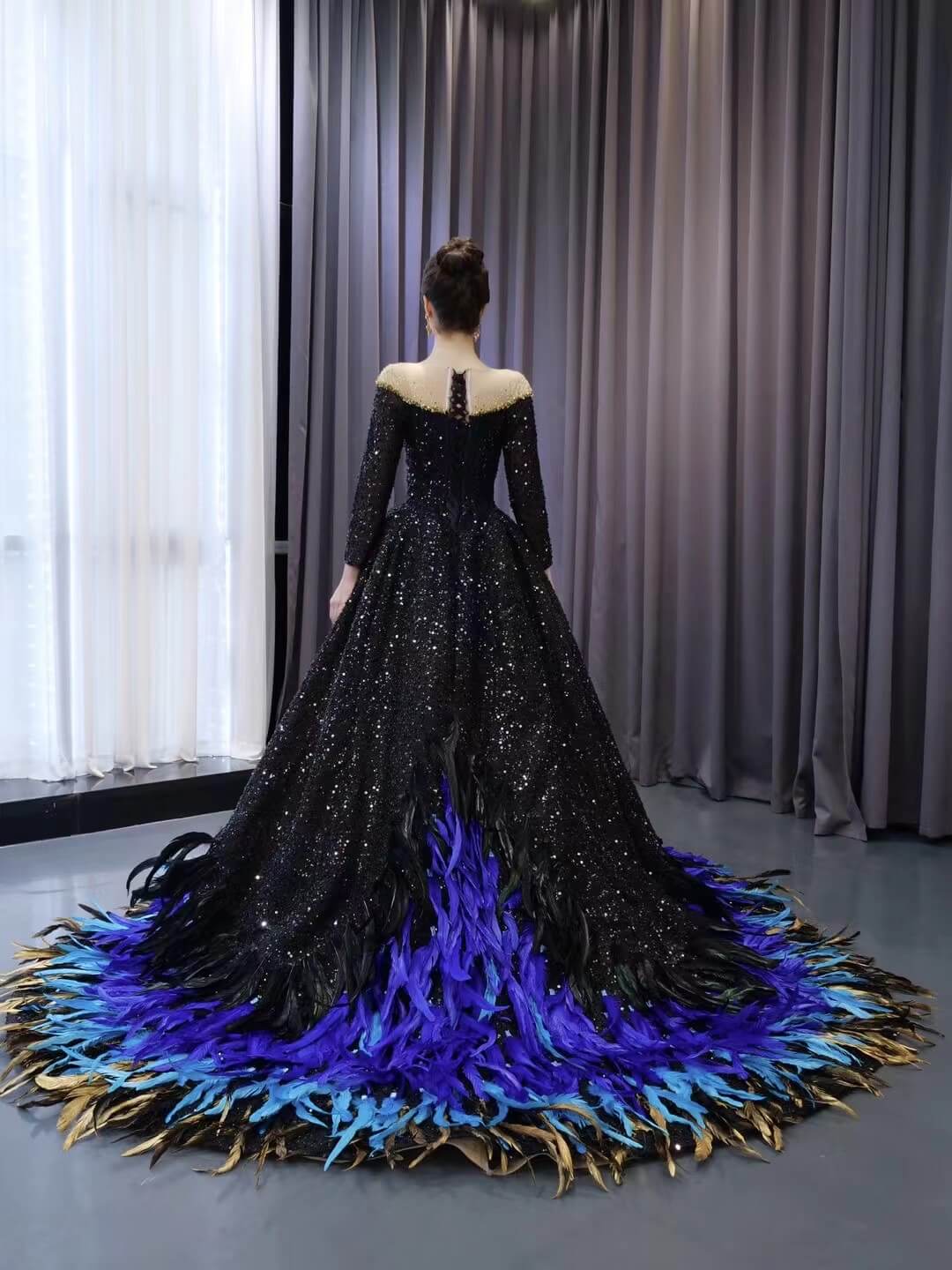 Black Beaded Sequin Wedding Gown Feather Long Sleeve Quinceanera Dress Viniodress Black Beaded Sequin Wedding Gown Feather Long Sleeve Quinceanera Dress Viniodress