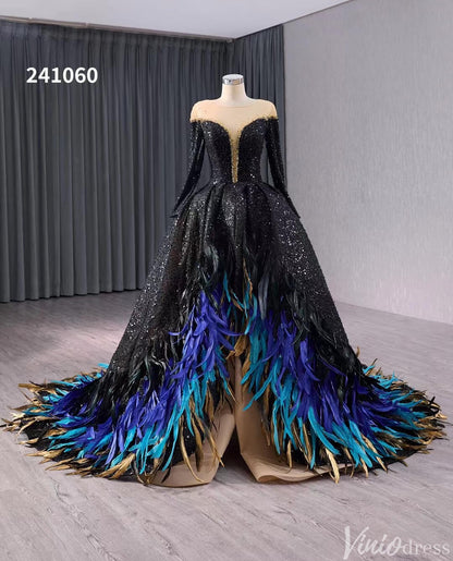 Black Beaded Sequin Wedding Gown Feather Long Sleeve Quinceanera Dress 241060-Quinceanera Dresses 2025 -Viniodress-Black-Custom Size-
