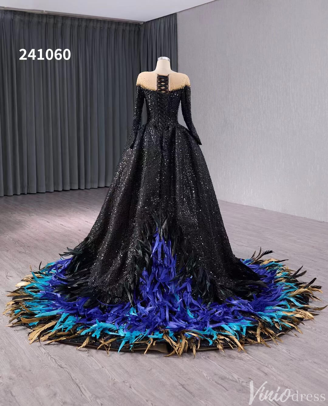 black feather long sleeve dress Black Beaded Sequin Wedding Gown Feather Long Sleeve Quinceanera Dress –  Viniodress main image 0