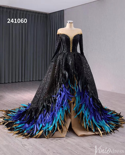 Black Beaded Sequin Wedding Gown Feather Long Sleeve Quinceanera Dress 241060-Quinceanera Dresses 2025 -Viniodress-Black-Custom Size-