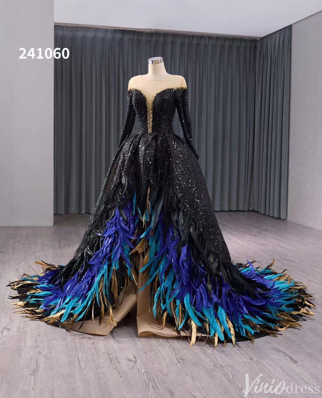 Black Beaded Sequin Wedding Gown Feather Long Sleeve Quinceanera Dress 241060-Quinceanera Dresses 2025 -Viniodress-Black-Custom Size-