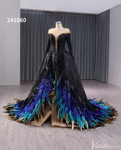 Black Beaded Sequin Wedding Gown Feather Long Sleeve Quinceanera Dress 241060-Quinceanera Dresses 2025 -Viniodress-Black-Custom Size-