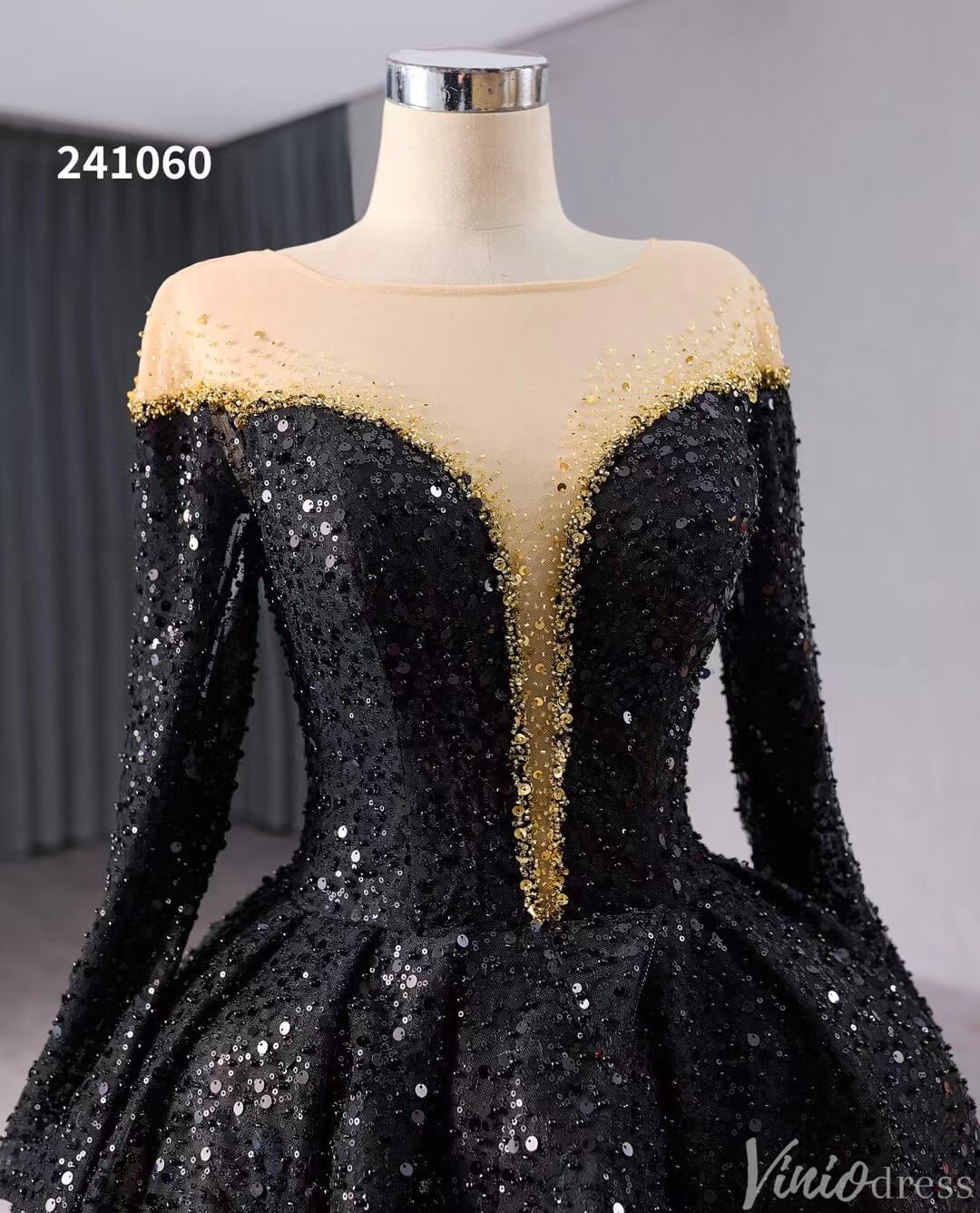 Black Beaded Sequin Wedding Gown Feather Long Sleeve Quinceanera Dress 241060-Quinceanera Dresses 2025 -Viniodress-Black-Custom Size-