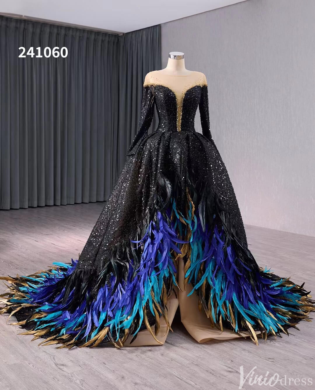 Black Beaded Sequin Wedding Gown Feather Long Sleeve Quinceanera Dress 241060 - ViniodressQuinceanera DressesBlackCustom Size - Formal Dresses - Ball Gowns