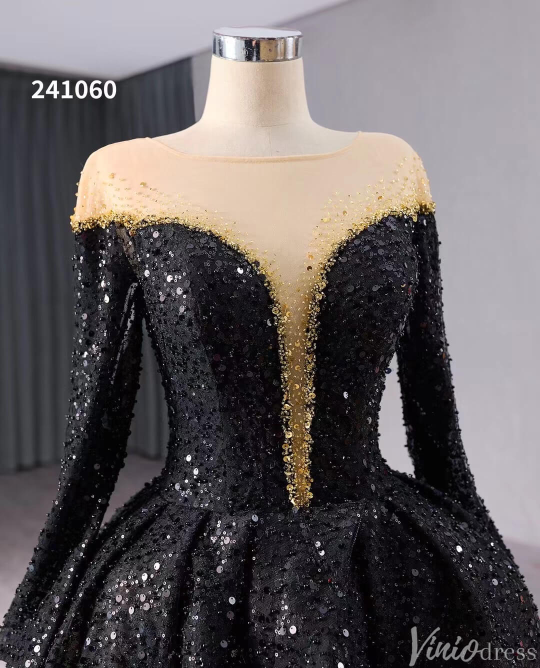 Black Beaded Sequin Wedding Gown Feather Long Sleeve Quinceanera Dress 241060-Quinceanera Dresses-Viniodress-Viniodress