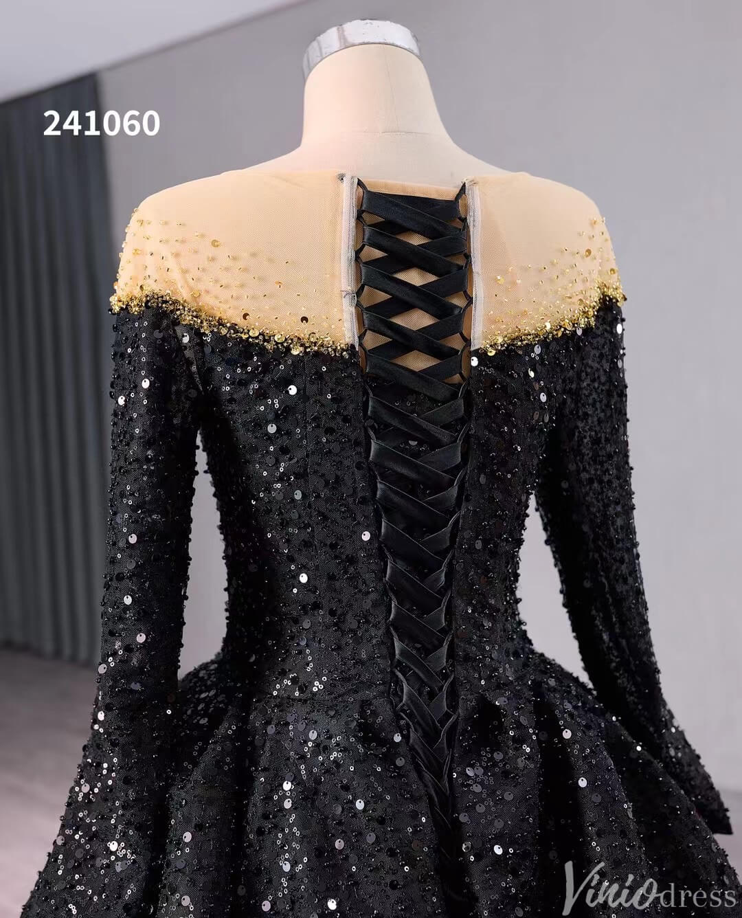 Black Beaded Sequin Wedding Gown Feather Long Sleeve Quinceanera Dress 241060-Quinceanera Dresses-Viniodress-Viniodress