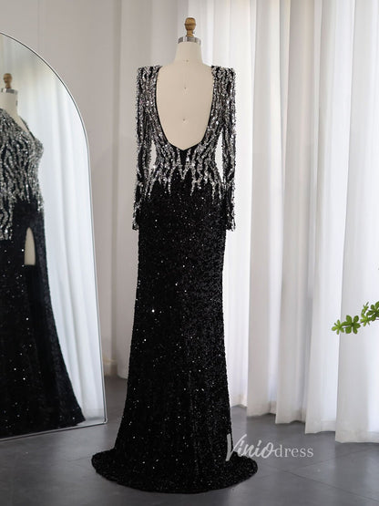 Black Beaded V-Neck Prom Dresses with Slit Sequin Long Sleeve Open Back Pageant Dress AD1175-Evening Dresses 2025 -Viniodress-Black-US 2-