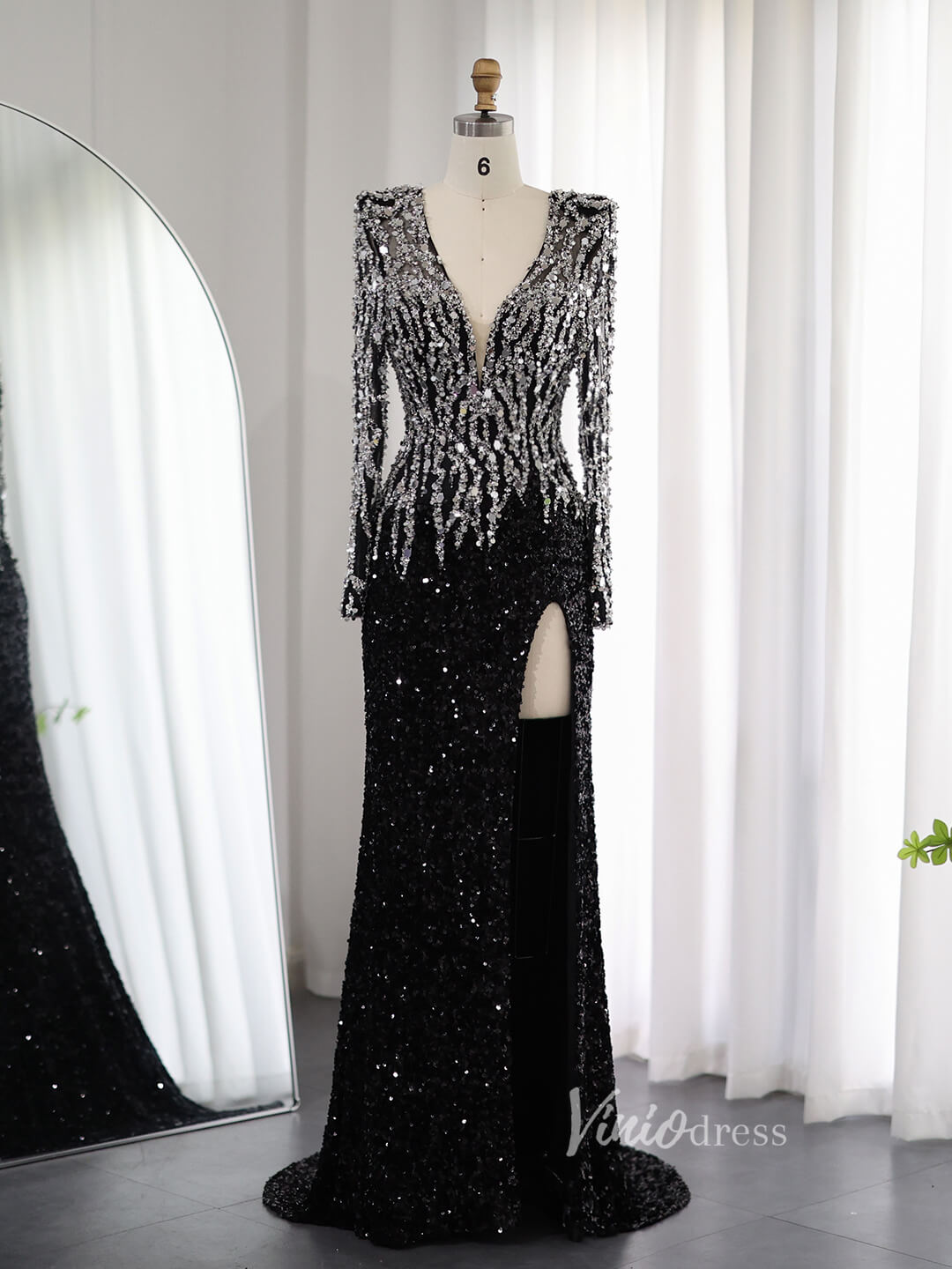 Black Beaded V-Neck Prom Dresses with Slit Sequin Long Sleeve Open Back Pageant Dress AD1175-prom dresses-Viniodress-Black-US 2-Viniodress