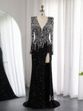 Black Beaded V-Neck Prom Dresses with Slit Sequin Long Sleeve Open Back Pageant Dress AD1175