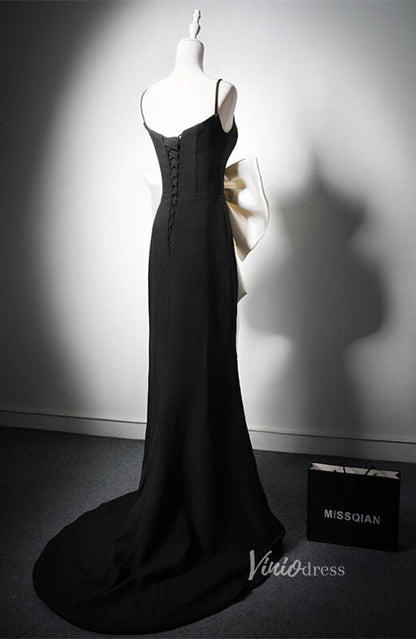 Black Bow Tie Prom Dresses Spaghetti Strap Formal Dress AD1211-prom dresses 2025 -Viniodress-Black-Custom Size-