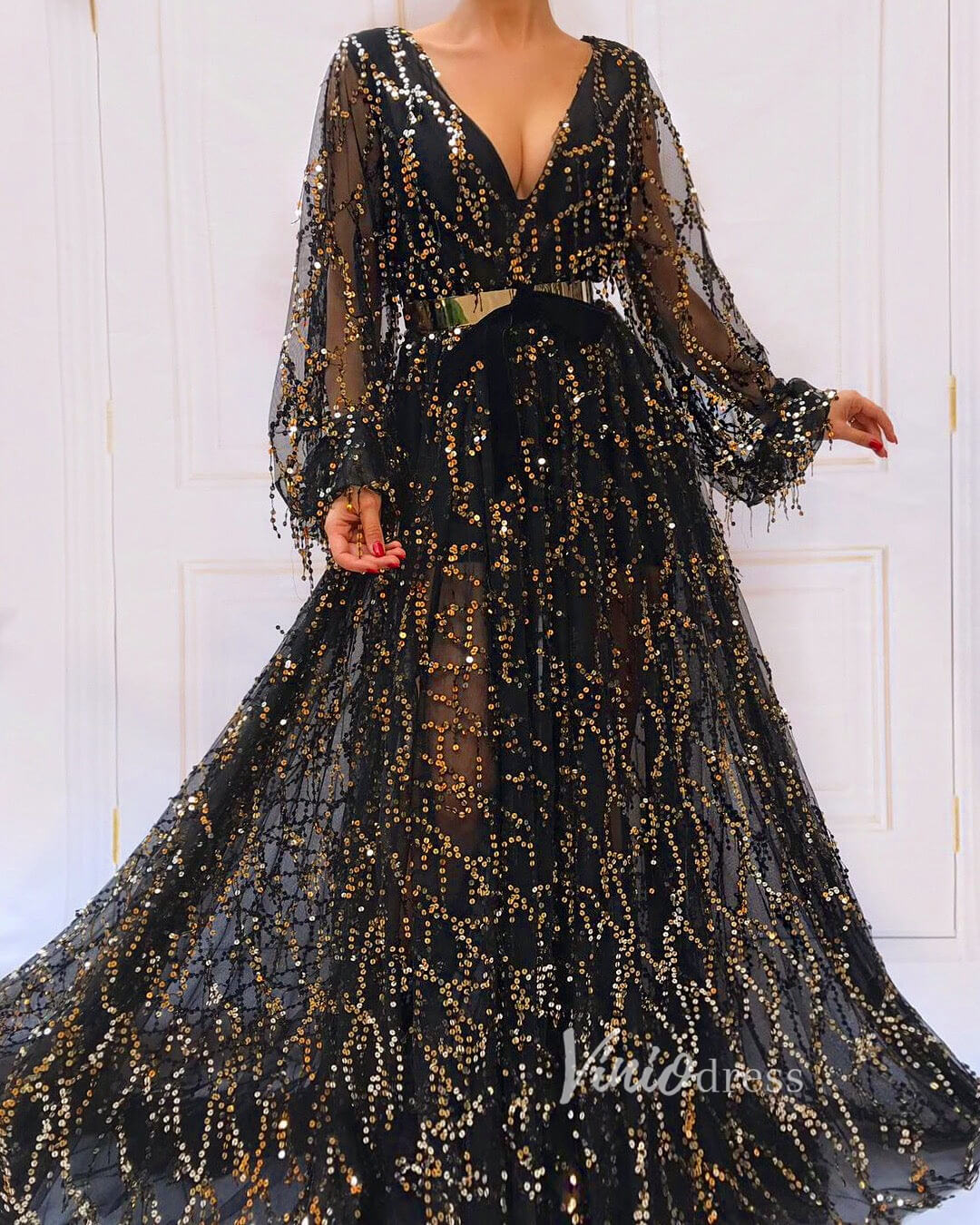 Prom Dress 2025 Black Classy Gown Gold Sequin Prom Dresses Long Sleeve FD2781-unique prom dresses-Black-Custom Size-Viniodress