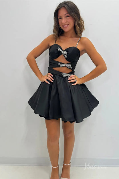 Black Cutout Homecoming Dress with Crystal Bow Accents, Spaghetti Straps, and A-Line Skirt – H1137-Homecoming Dresses 2025 -Viniodress-Black-Custom Size-