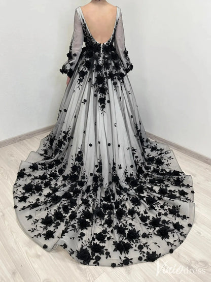 Black Floral Appliqué Wedding Dress with Deep V-Neck, Sheer Long Bishop Sleeves, Chapel Train – BK112-wedding dresses 2025 -Viniodress-Black-Custom Size-