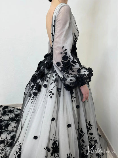 Black Floral Appliqué Wedding Dress with Deep V-Neck, Sheer Long Bishop Sleeves, Chapel Train – BK112-wedding dresses 2025 -Viniodress-Black-Custom Size-
