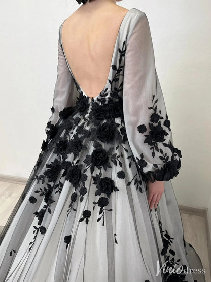 Black Floral Appliqué Wedding Dress with Deep V-Neck, Sheer Long Bishop Sleeves, Chapel Train – BK112-wedding dresses 2025 -Viniodress-Black-Custom Size-