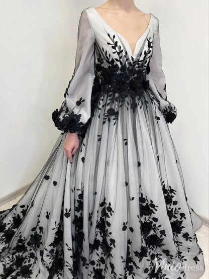Black Floral Appliqué Wedding Dress with Deep V-Neck, Sheer Long Bishop Sleeves, Chapel Train – BK112-wedding dresses 2025 -Viniodress-Black-Custom Size-