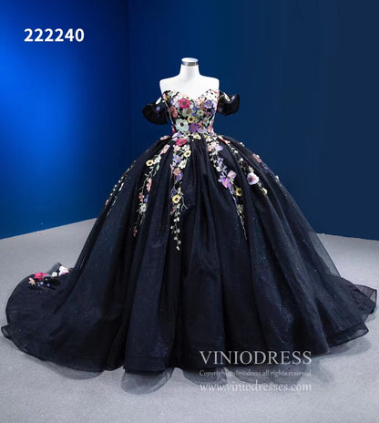 Black Floral Ball Gown Wedding Dress Off the Shoulder Sweet 16 Dress 222240-Quinceanera Dresses 2025 -Viniodress-Black-Custom Size-