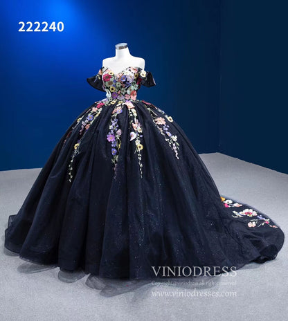 Black Floral Ball Gown Wedding Dress Off the Shoulder Sweet 16 Dress 222240-Quinceanera Dresses 2025 -Viniodress-Black-Custom Size-