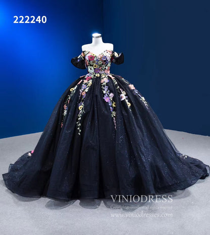 Black Floral Ball Gown Wedding Dress Off the Shoulder Sweet 16 Dress 222240-Quinceanera Dresses 2025 -Viniodress-Black-Custom Size-