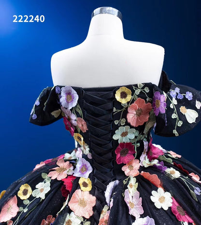 Black Floral Ball Gown Wedding Dress Off the Shoulder Sweet 16 Dress 222240-Quinceanera Dresses 2025 -Viniodress-Black-Custom Size-
