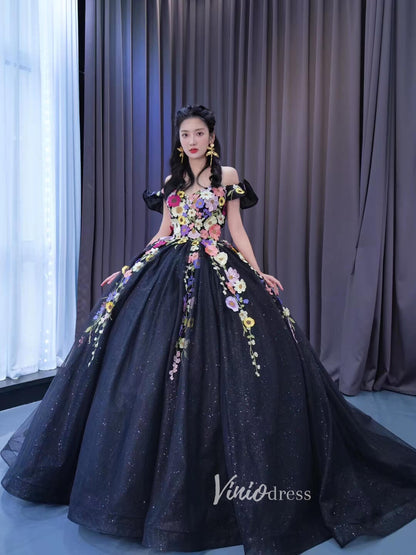 Black Floral Ball Gown Wedding Dress Off the Shoulder Sweet 16 Dress 222240-Quinceanera Dresses 2025 -Viniodress-Black-Custom Size-