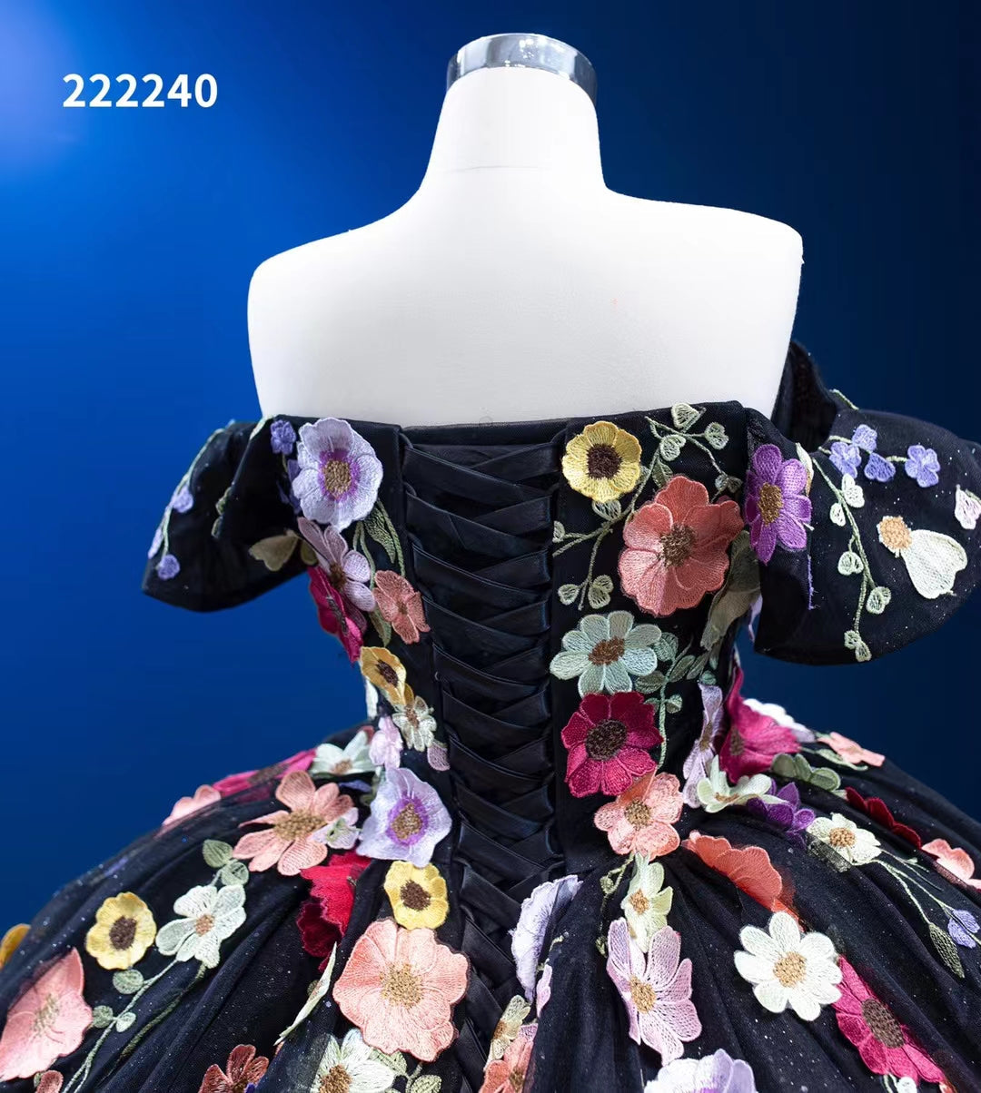 Black Floral Ball Gown Wedding Dress Off the Shoulder Sweet 16 Dress 222240-Quinceanera Dresses-Viniodress-Viniodress