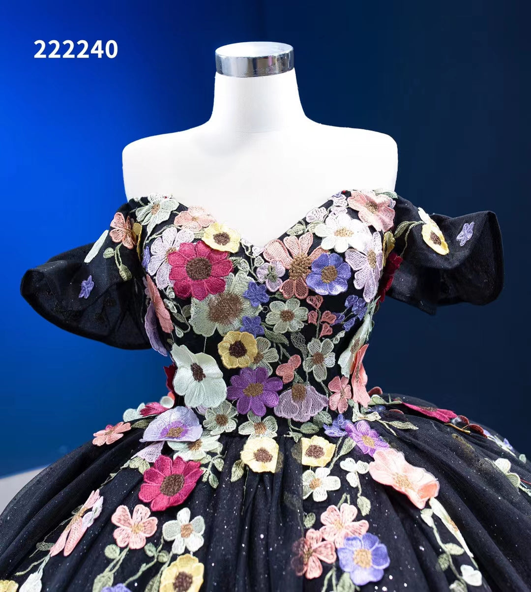 Black Floral Ball Gown Wedding Dress Off the Shoulder Sweet 16 Dress 222240-Quinceanera Dresses-Viniodress-Viniodress