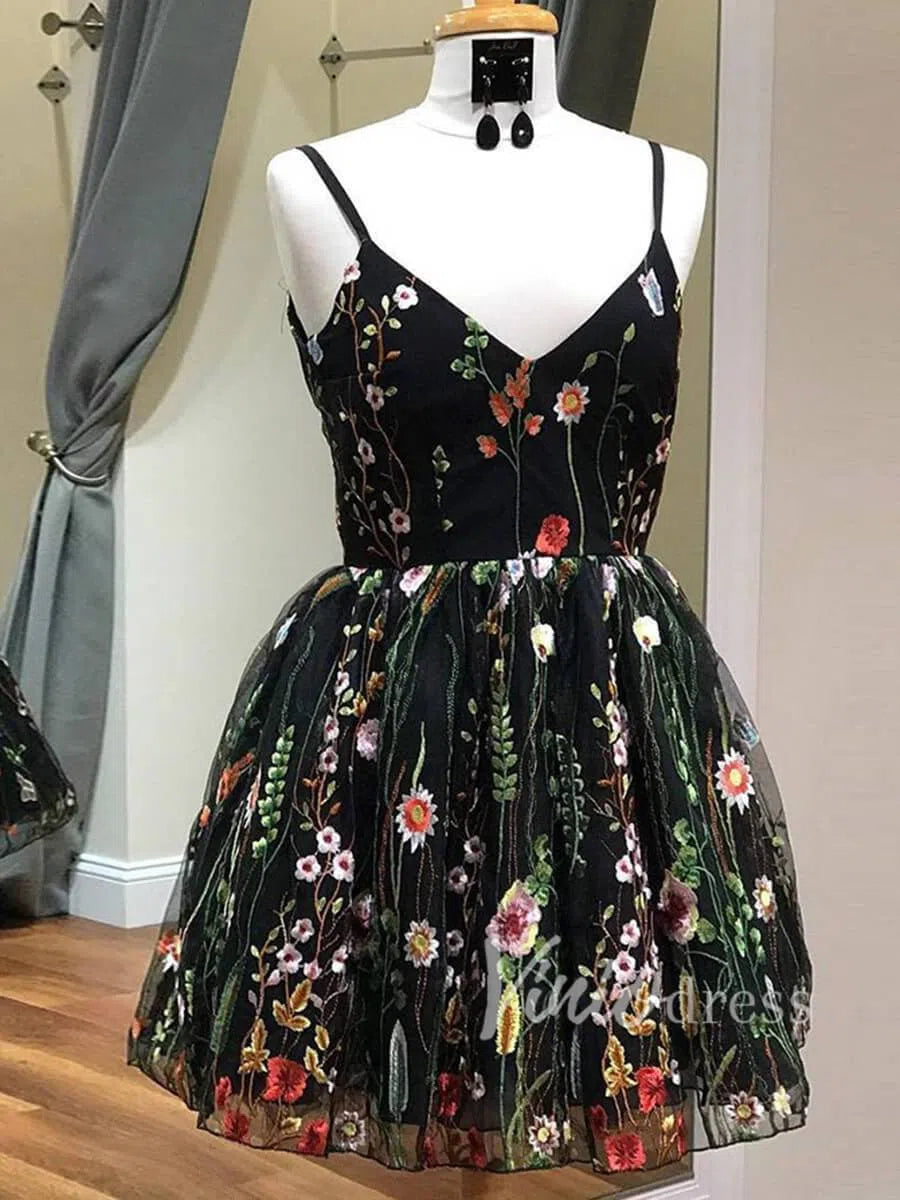 Black Floral Homecoming Dresses Spaghetti Strap SD1082-Homecoming Dresses 2025 -Viniodress-Black-Custom Size-