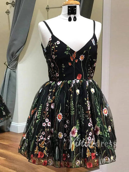 Black Floral Homecoming Dresses Spaghetti Strap SD1082-Homecoming Dresses 2025 -Viniodress-Black-Custom Size-