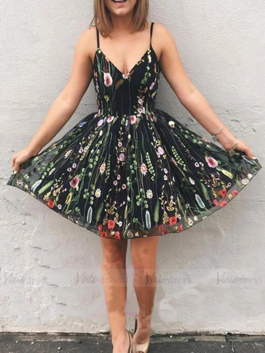 Black Floral Homecoming Dresses Spaghetti Strap SD1082-Homecoming Dresses 2025 -Viniodress-Black-Custom Size-